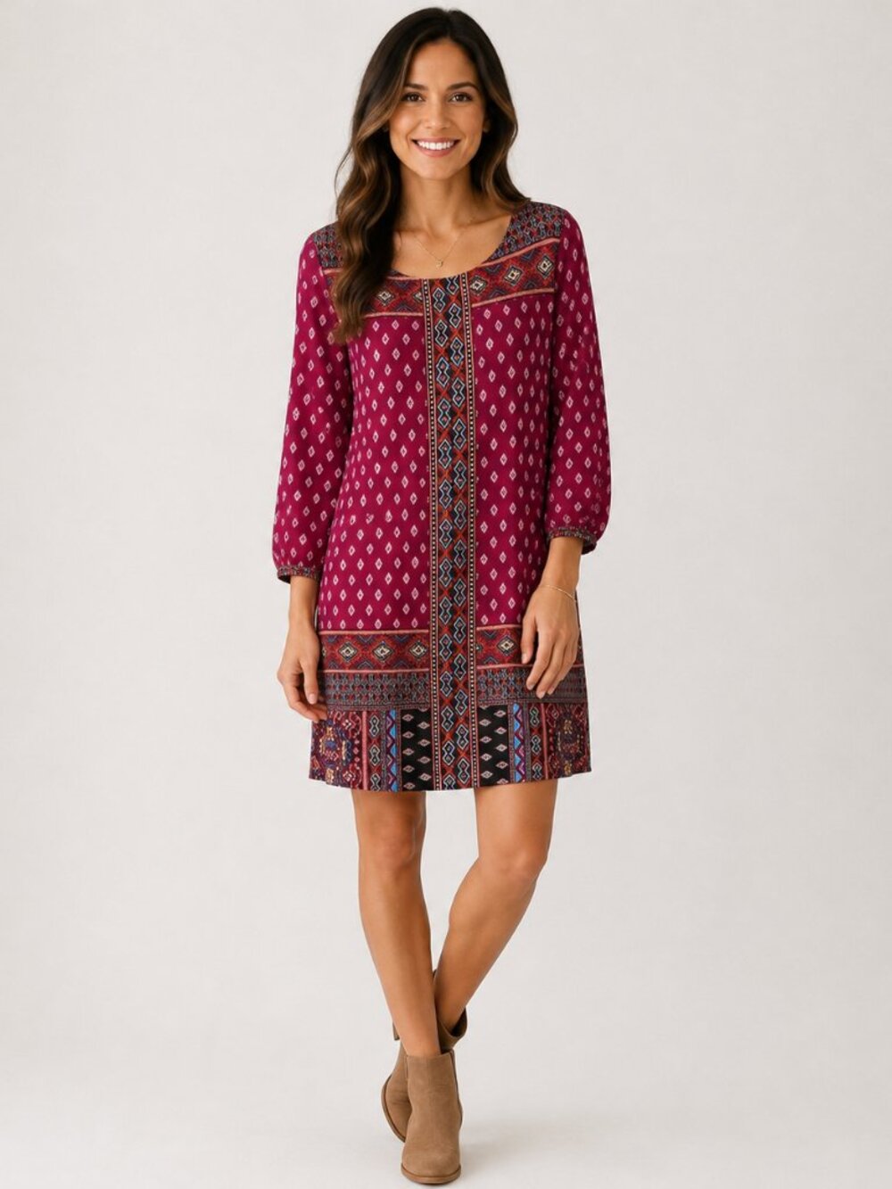 LOFT Boho Diamond-Print Tribal Mosaic Maroon Tunic Dress Festival Art to Wear S